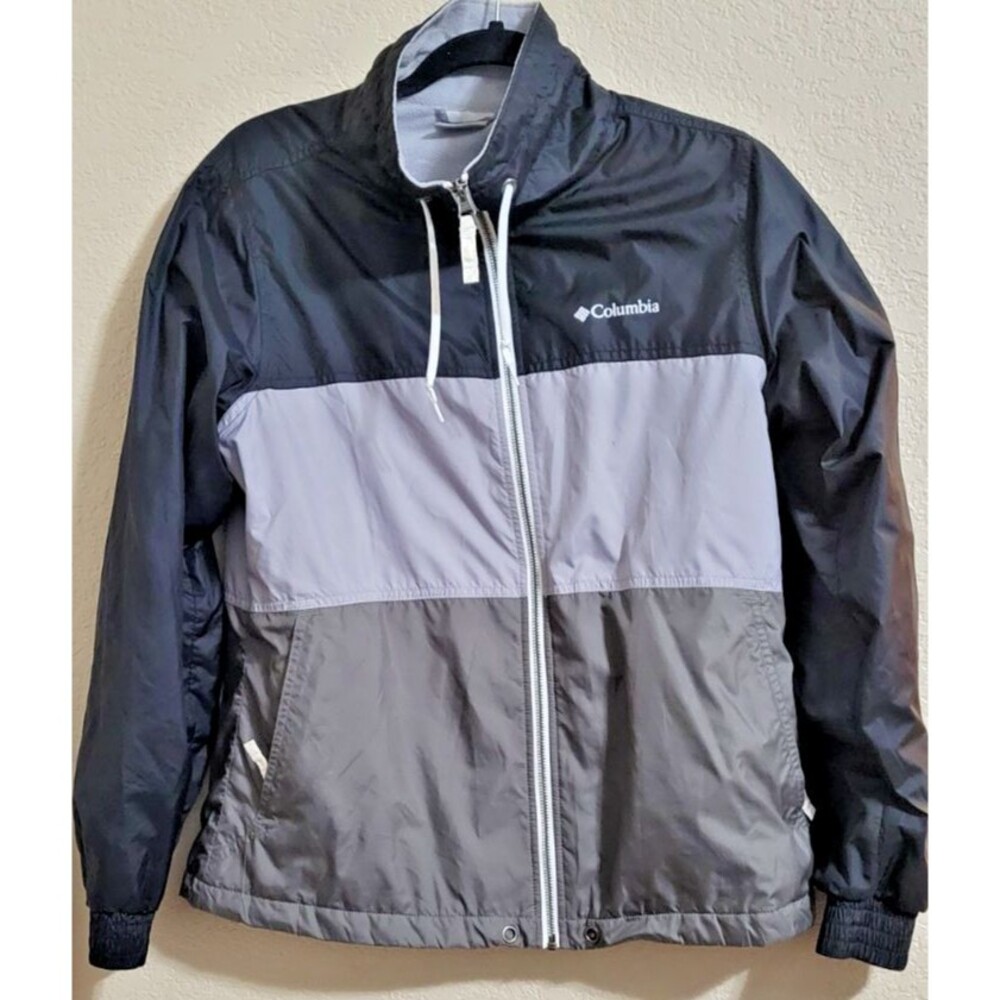 Columbia Womens Windbreaker Jacket Coat Med. Fleece Lined Color Block Black Gray